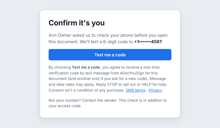 eDocYouSign signing page asking the signer to confirm it's them, with the Text me a code button and the SMS consent notice underneath
